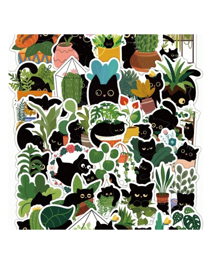 Planches d'Autocollants Chats Noirs & Plantes (60pcs)