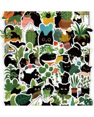 Planches d'Autocollants Chats Noirs & Plantes (60pcs)
