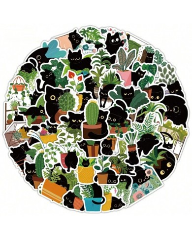 Planches d'Autocollants Chats Noirs & Plantes (60pcs)