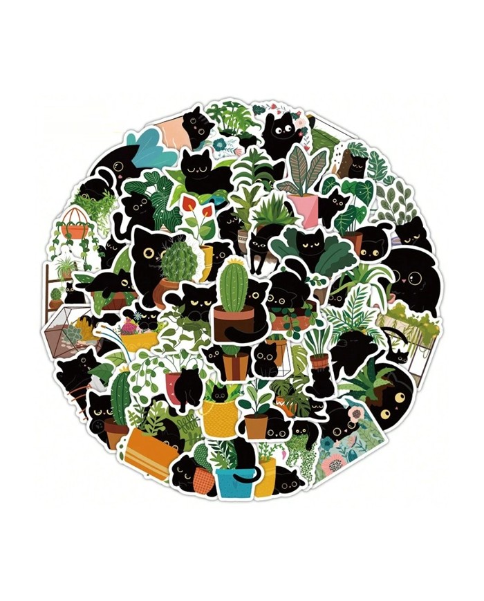 Planches d'Autocollants Chats Noirs & Plantes (60pcs)